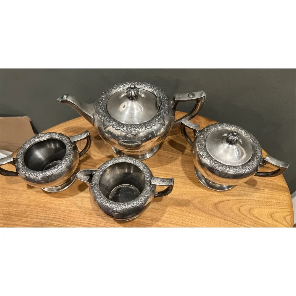 Vintage Forbes Silver Co 244 Tea Set 4 Piece Teapot, Sugar Bowls, Creamer